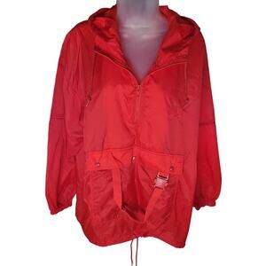Totes Women Red Raincoat Hood Pocket Drawstring Hem Zip Front Sz L